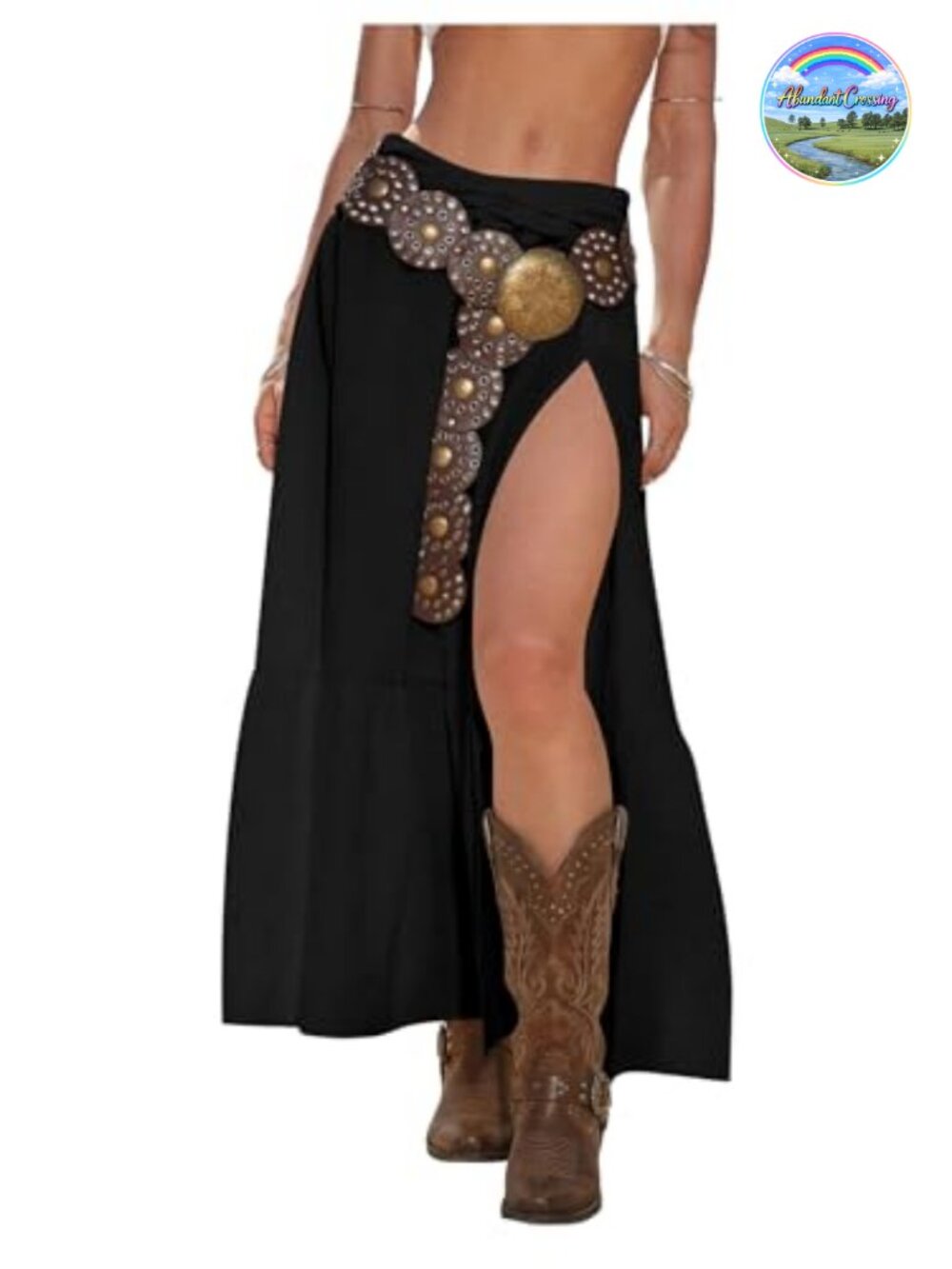 Women's High Slit Maxi Skirt Low Rise Ruffle Hem Flowy Boho Cowgirl